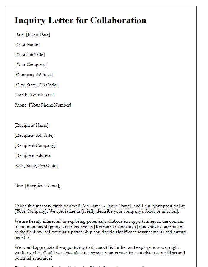 Letter template of inquiry for autonomous shipping solutions collaboration