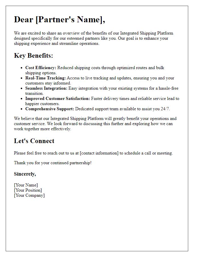 Letter template of integrated shipping platform benefits overview for partners.