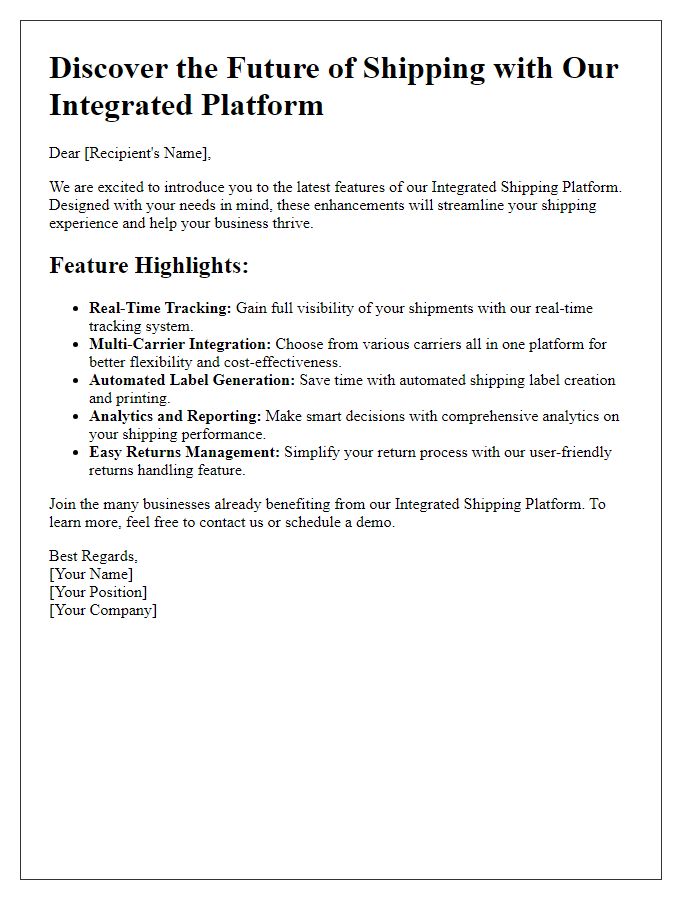 Letter template of integrated shipping platform feature highlights for marketing.