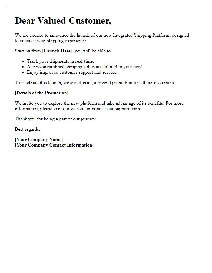 Letter template of integrated shipping platform launch for customers.