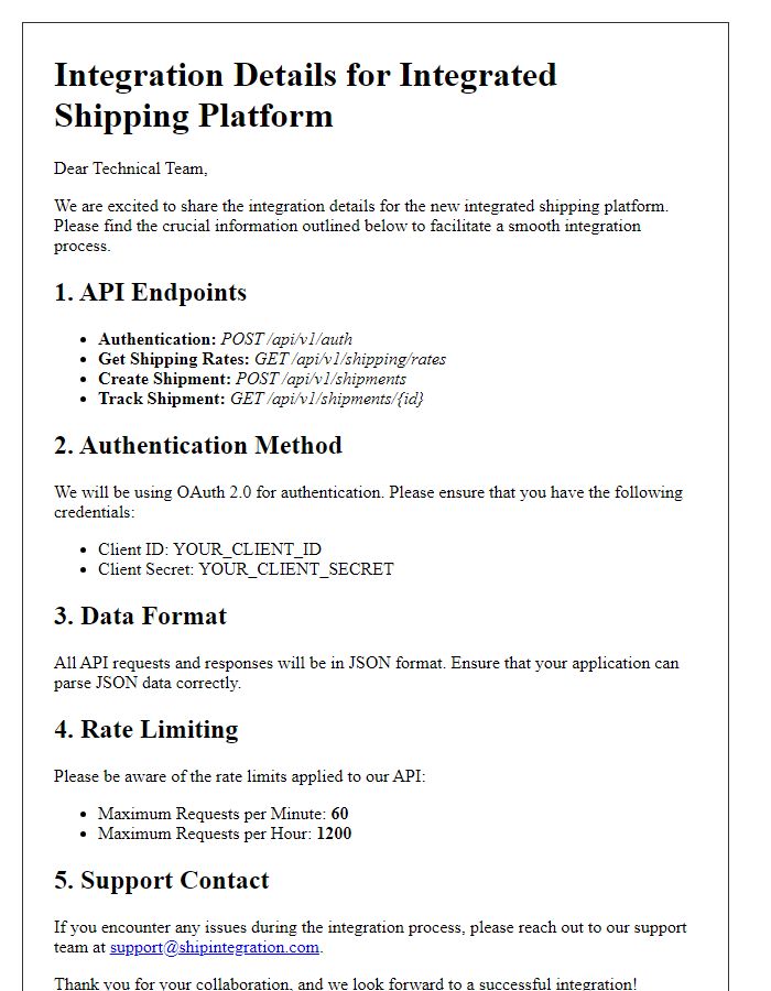 Letter template of integrated shipping platform service integration details for tech teams.