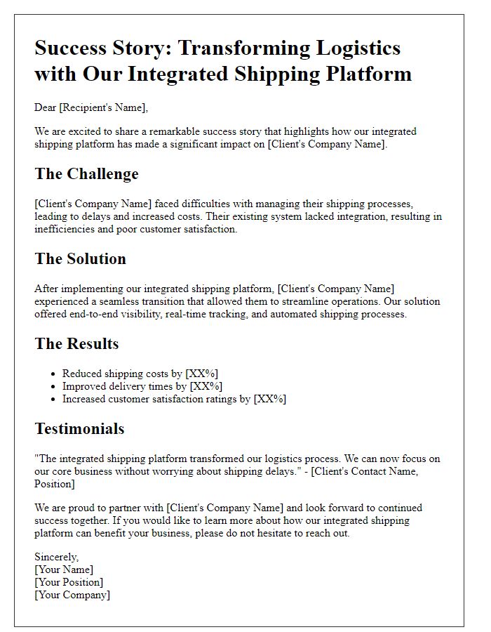 Letter template of integrated shipping platform success stories for case studies.