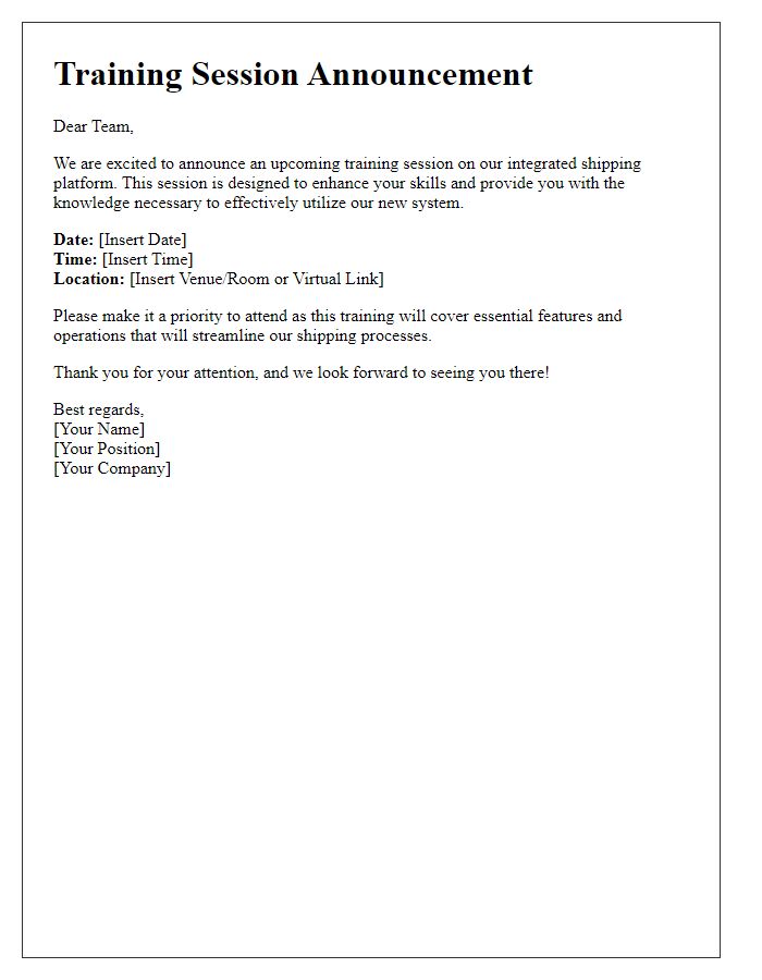 Letter template of integrated shipping platform training session announcement for employees.
