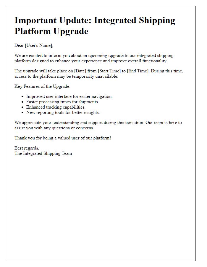 Letter template of integrated shipping platform upgrade notification for existing users.