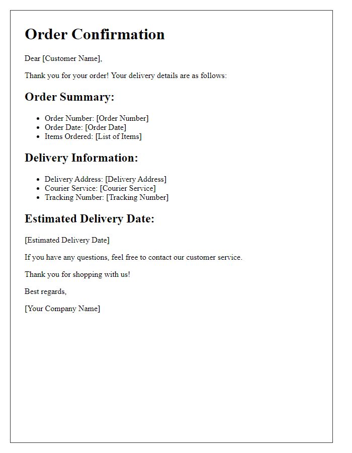 Letter template of delivery details for direct orders