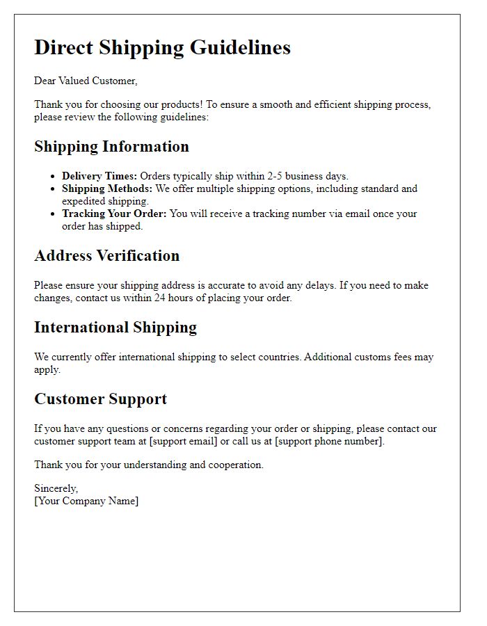 Letter template of direct shipping guidelines for consumers