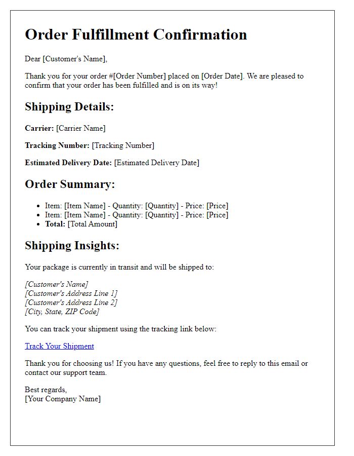 Letter template of order fulfillment and shipping insights