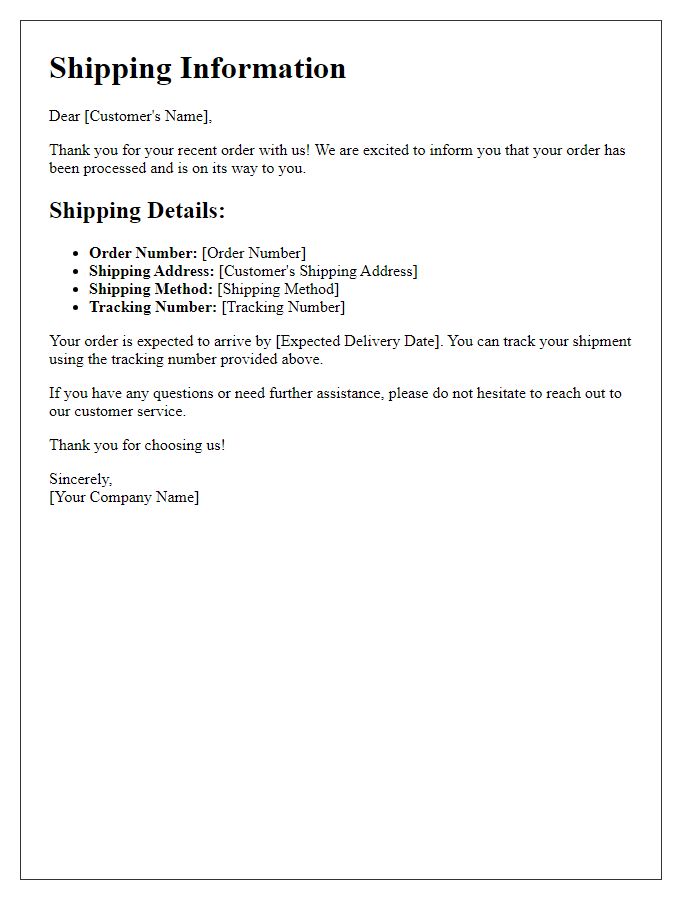 Letter template of shipping information for direct customers