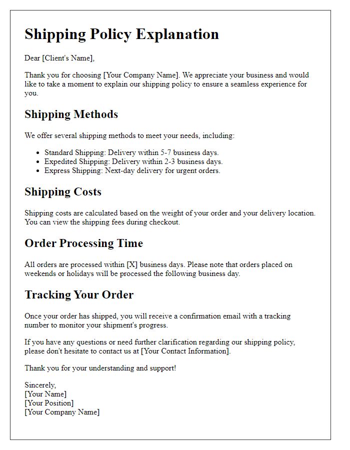 Letter template of shipping policy explanation for clients