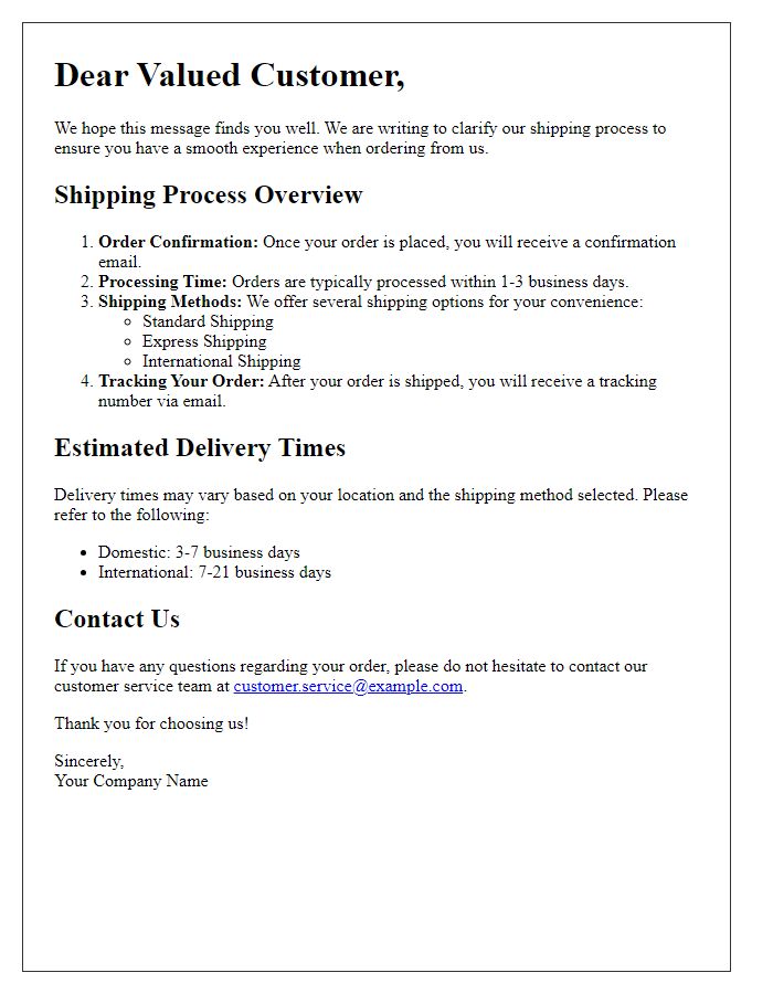 Letter template of shipping process clarification for customers