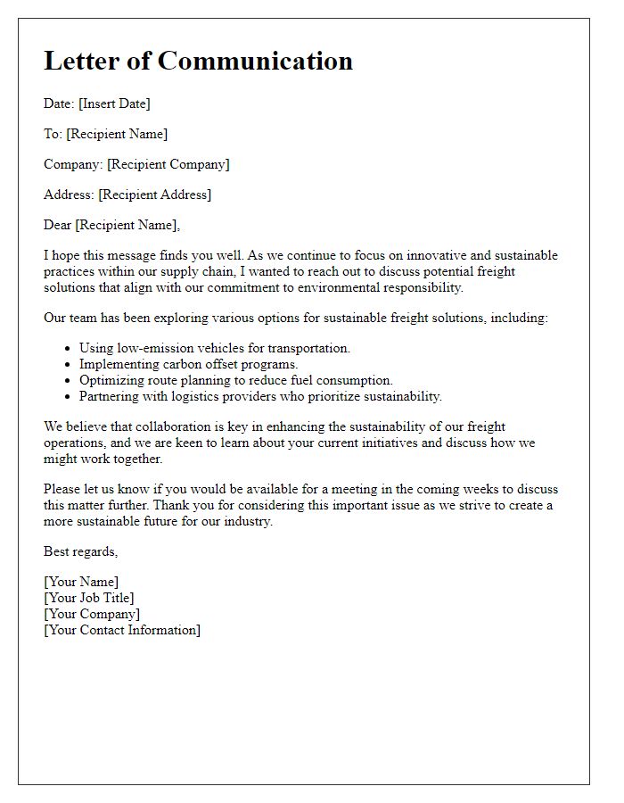 Letter template of communications regarding sustainable freight solutions