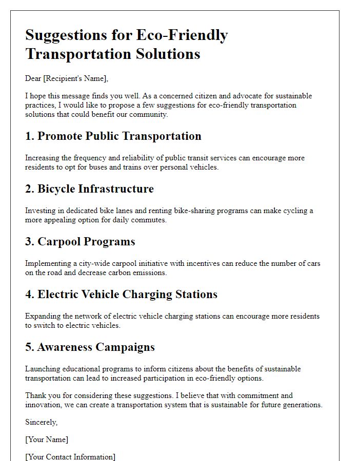 Letter template of suggestions for eco-friendly transportation solutions