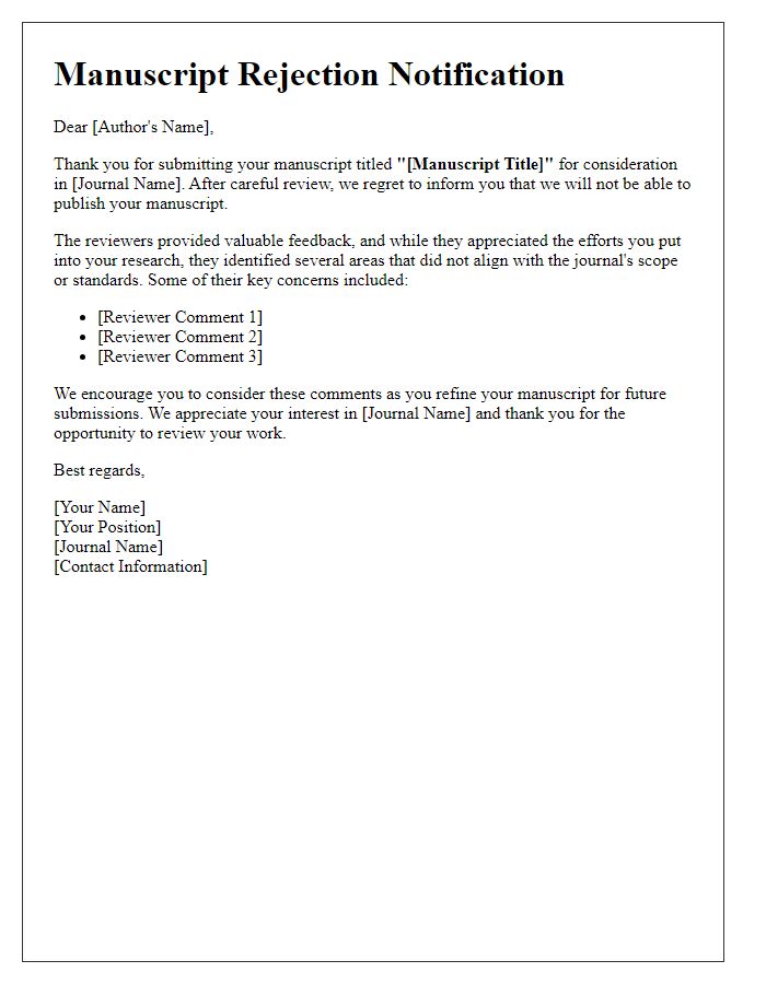 Letter template of manuscript rejection for peer review feedback.