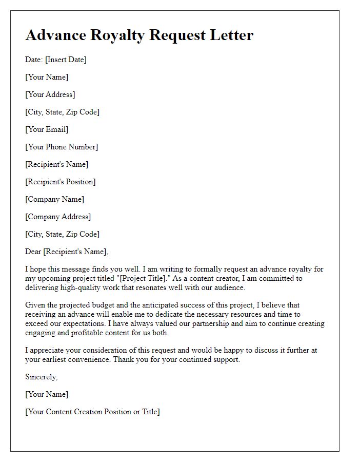 Letter template of advance royalty request for content creators