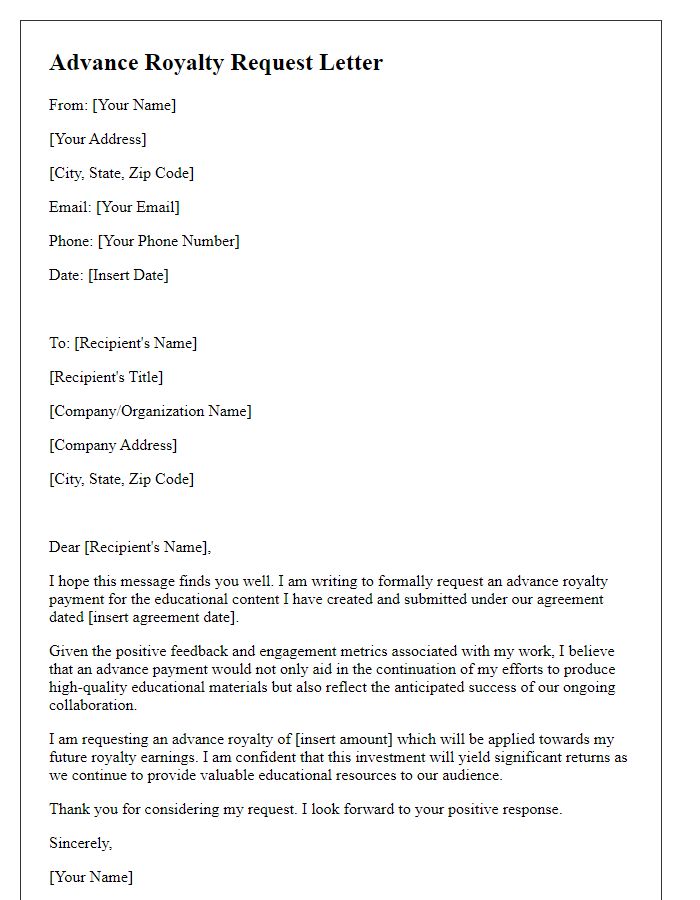 Letter template of advance royalty request for educational content providers