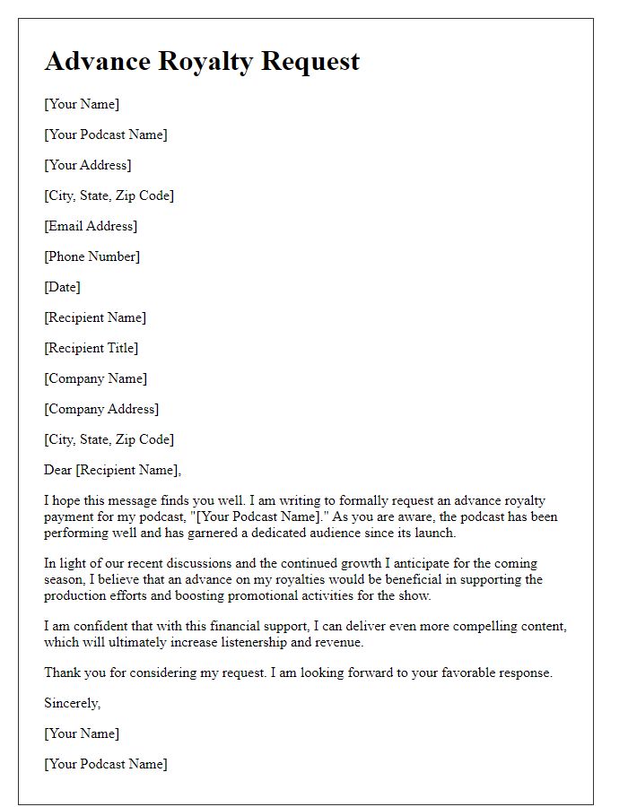 Letter template of advance royalty request for podcasters