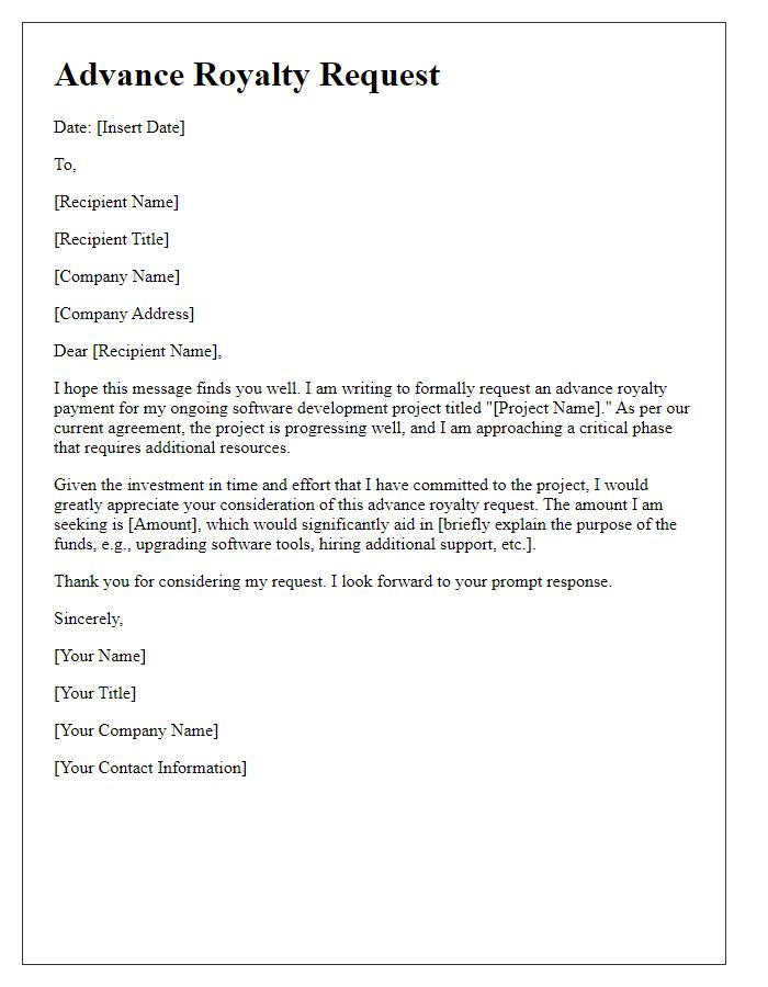 Letter template of advance royalty request for software developers