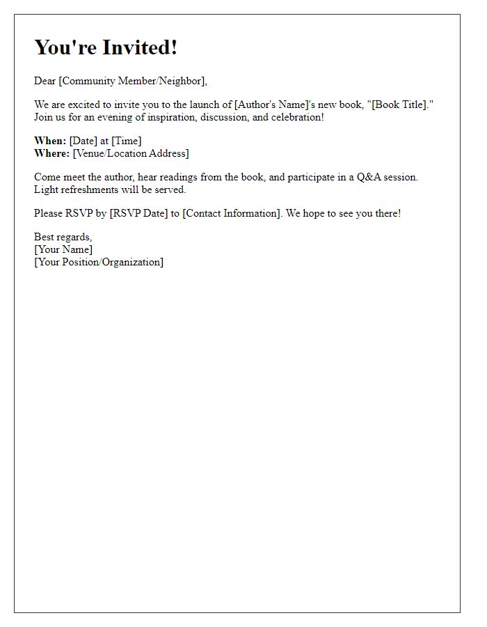 Letter template of community invitation to a local book launch