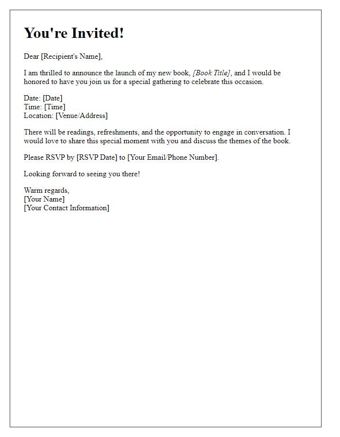 Letter template of personal invitation to a book launch gathering