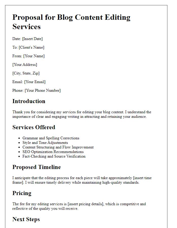 Letter template of blog content editing proposal