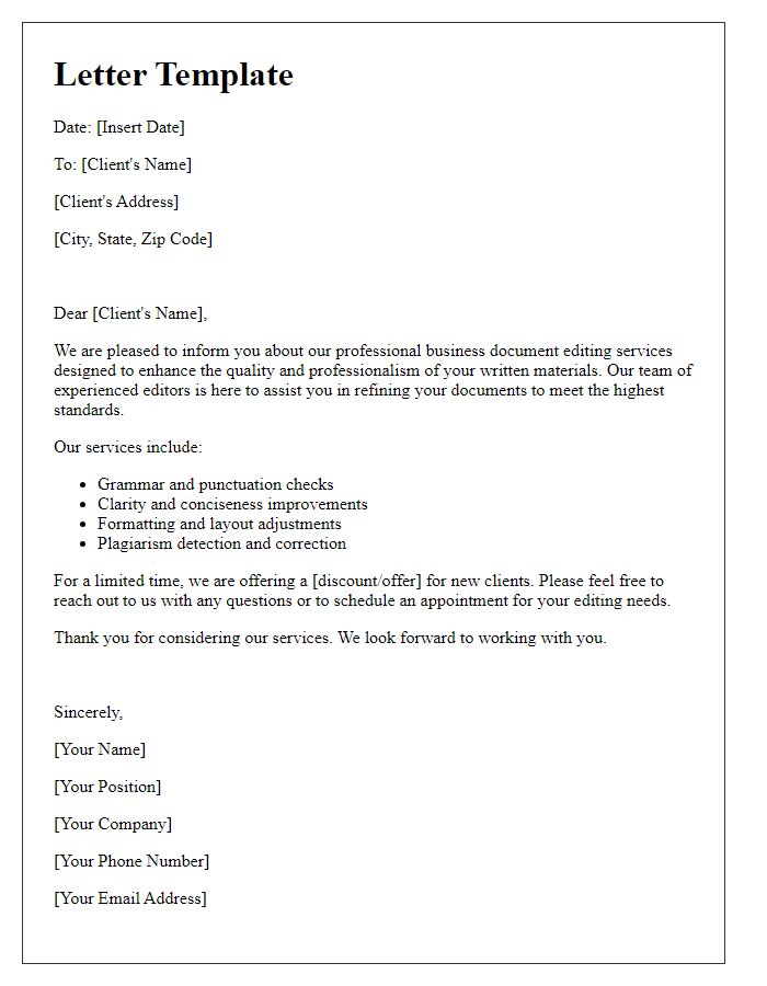 Letter template of business document editing service