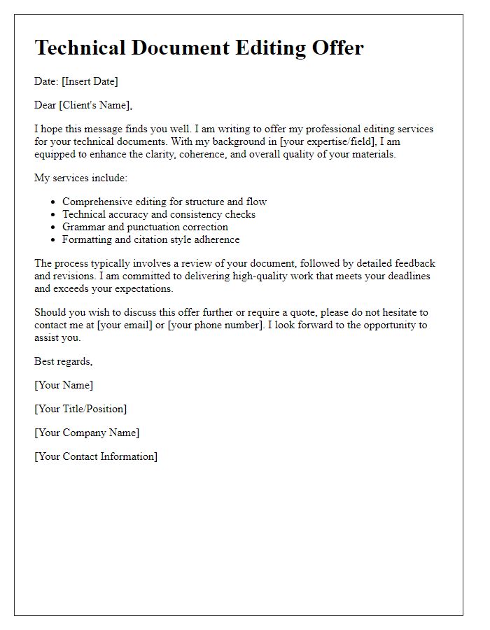 Letter template of technical document editing offer