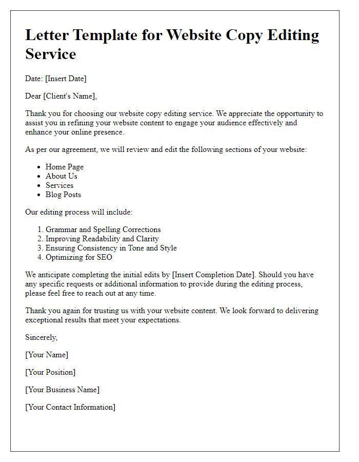 Letter template of website copy editing service