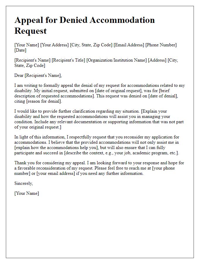 Letter template of an appeal for denied accommodation requests due to disability.