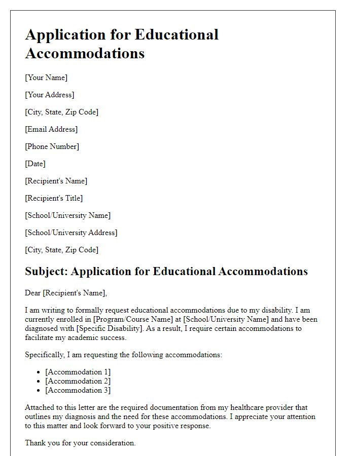 Letter template of application for educational accommodations for disability.