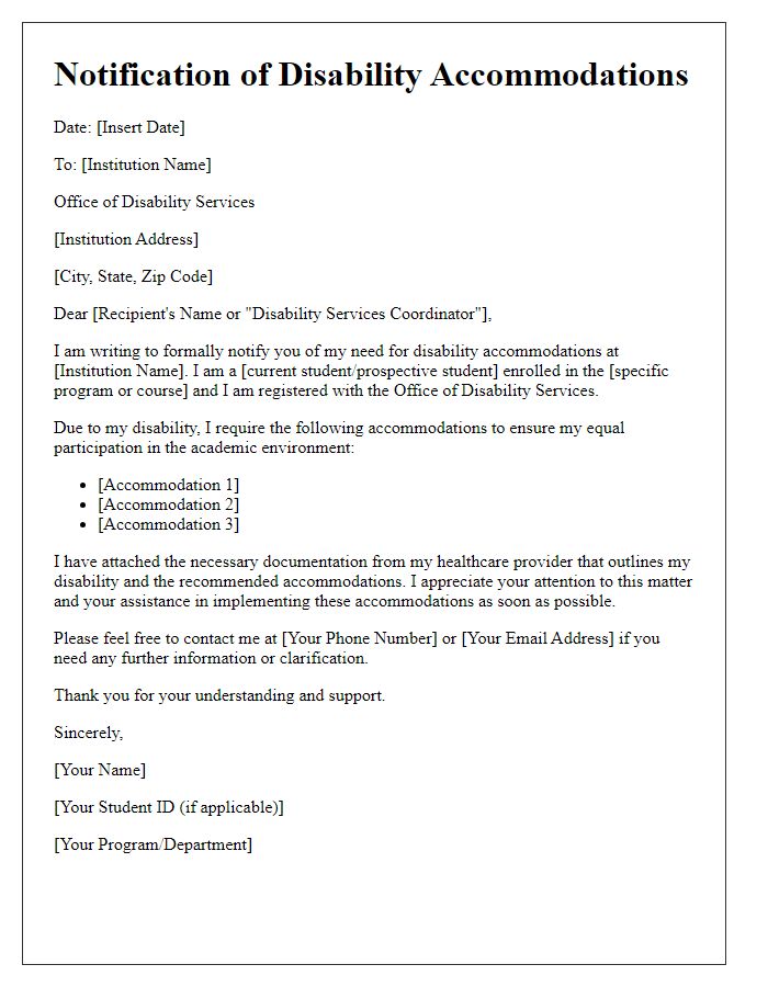 Letter template of notification to an academic institution for disability accommodations.