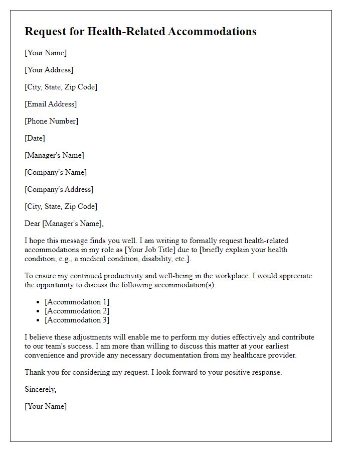 Letter template of request for health-related accommodations in a professional setting.