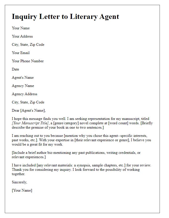 Letter template of inquiry to a literary agent for representation