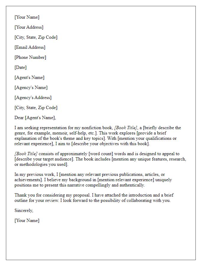 Letter template of proposal to a literary agent for nonfiction work