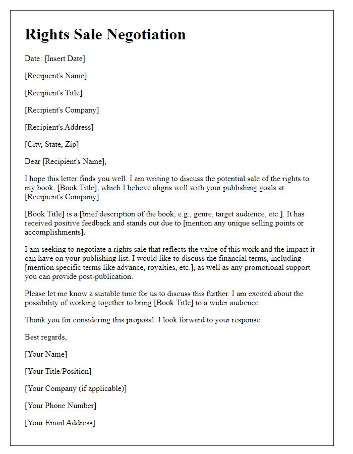 Letter template of rights sale negotiation for book publishing.