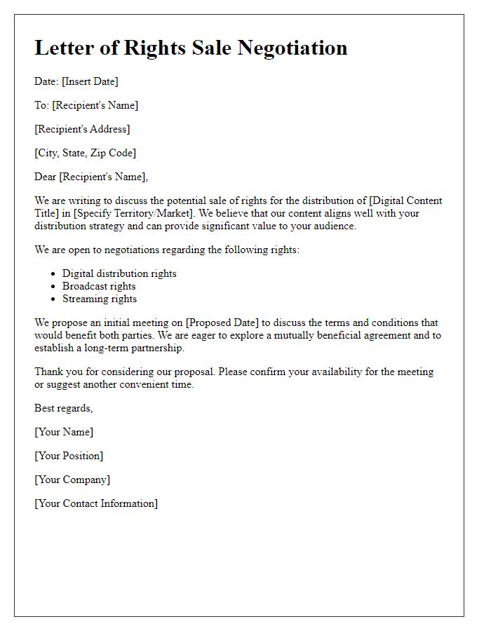 Letter template of rights sale negotiation for digital content distribution.