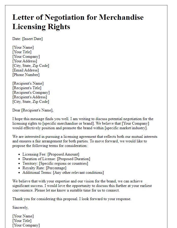 Letter template of rights sale negotiation for merchandise licensing.