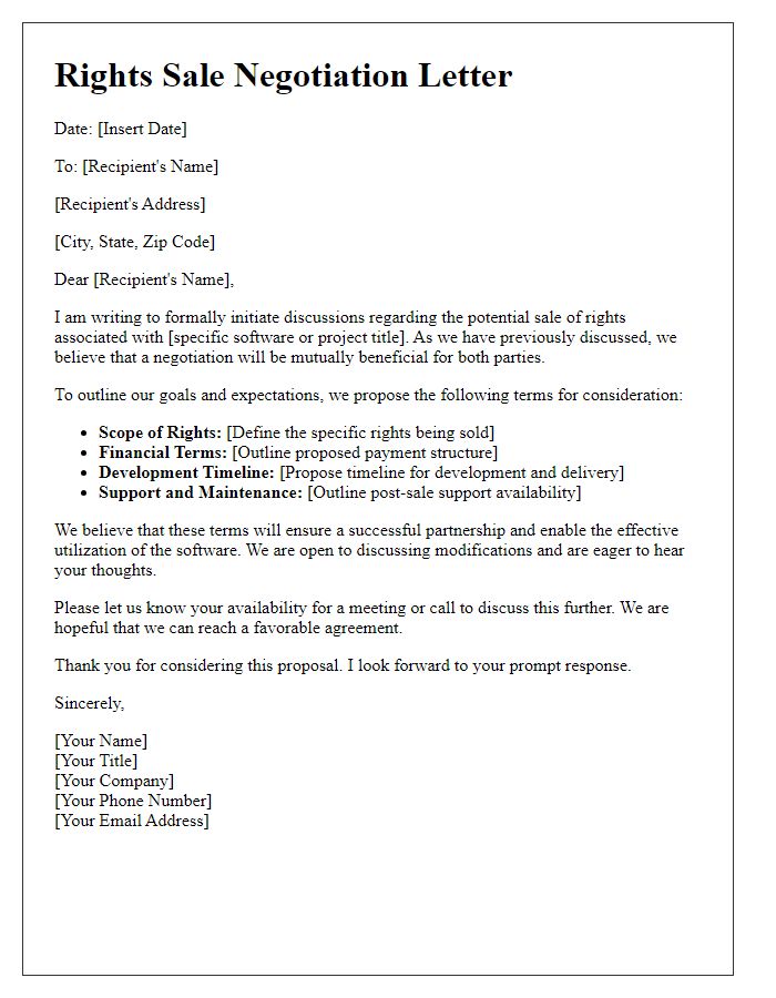 Letter template of rights sale negotiation for software development.