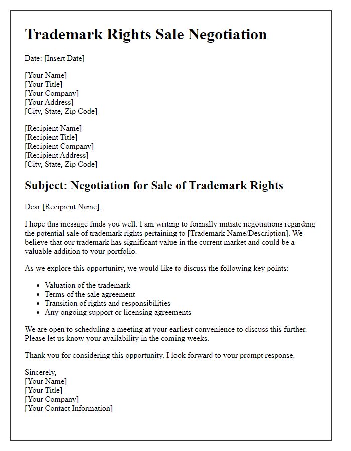 Letter template of rights sale negotiation for trademark agreements.