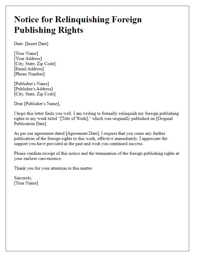 Letter template of notice for relinquishing foreign publishing rights