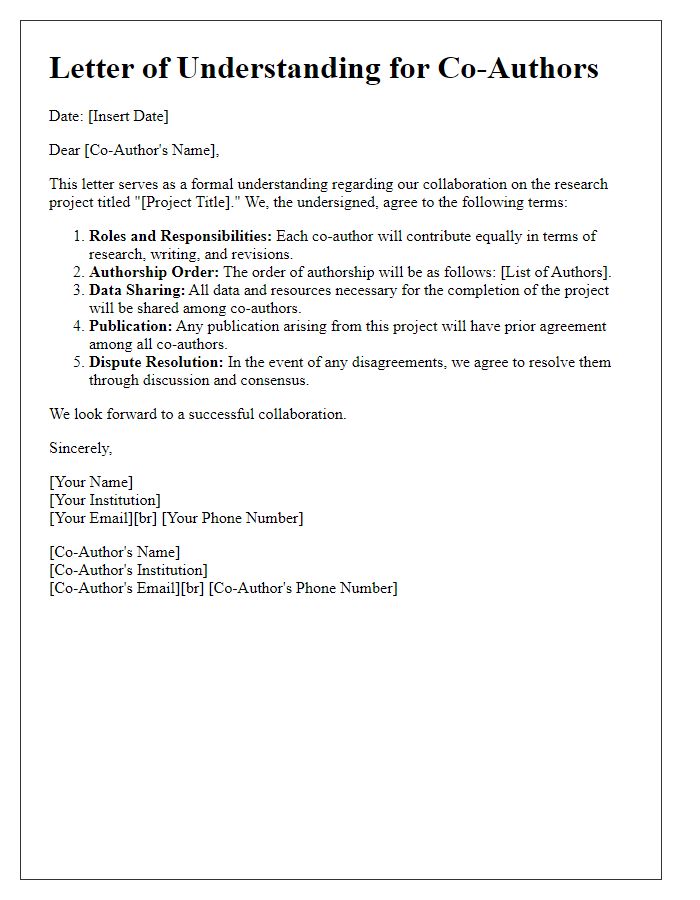 Letter template of research project co-author understanding