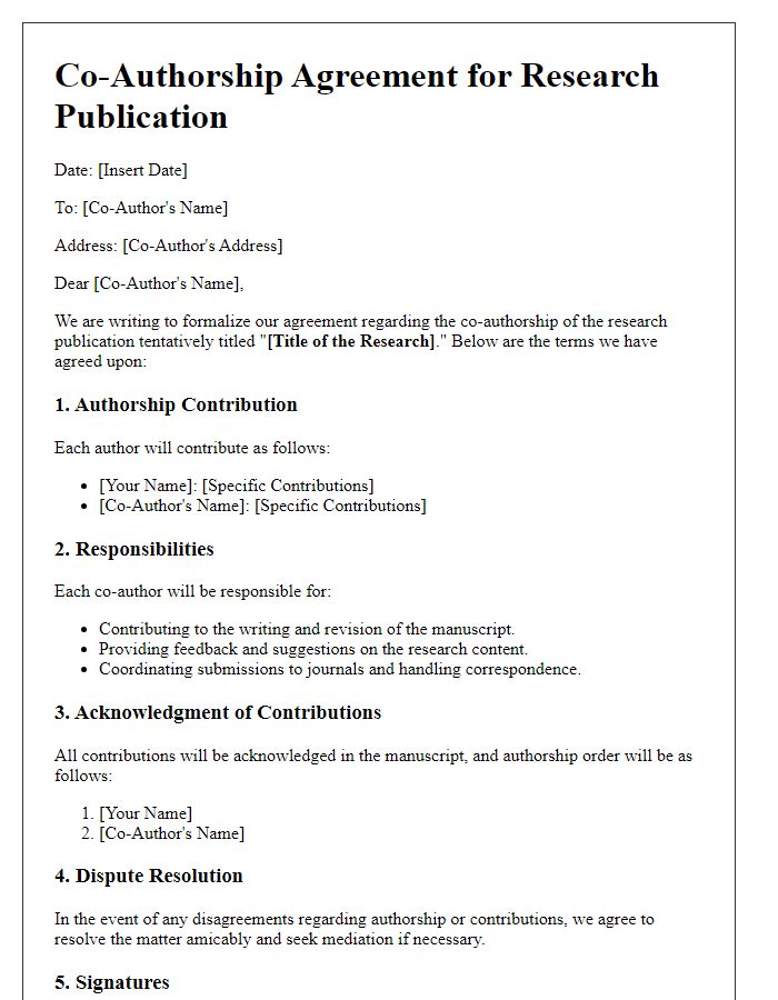 Letter template of research publication co-authorship terms