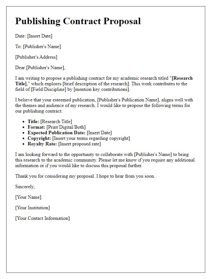 Letter template of publishing contract proposal for an academic research publication.