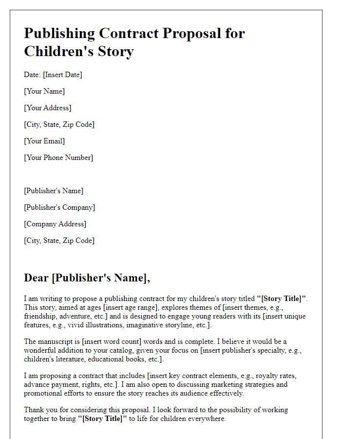 Letter template of publishing contract proposal for a children's story.