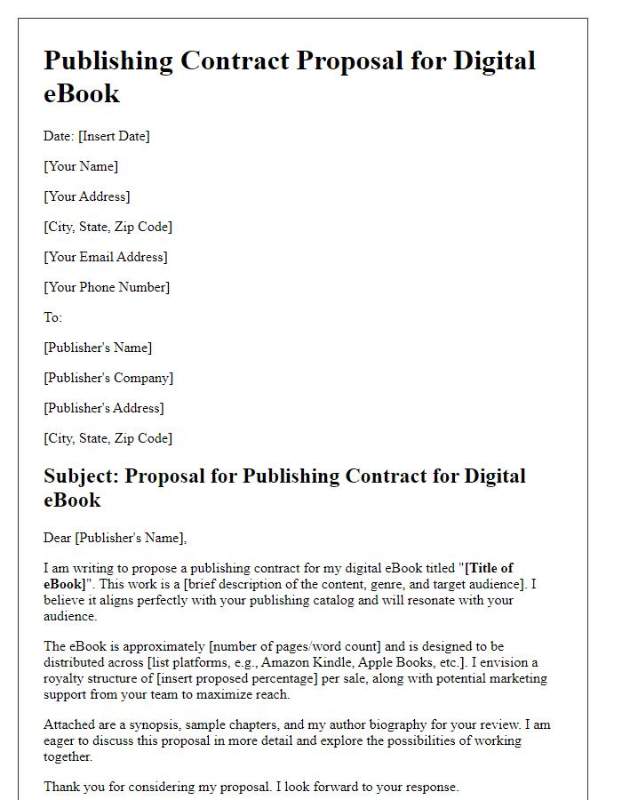 Letter template of publishing contract proposal for a digital ebook.