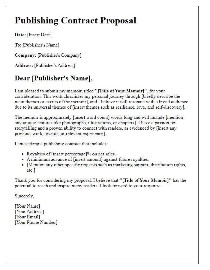 Letter template of publishing contract proposal for a memoir.