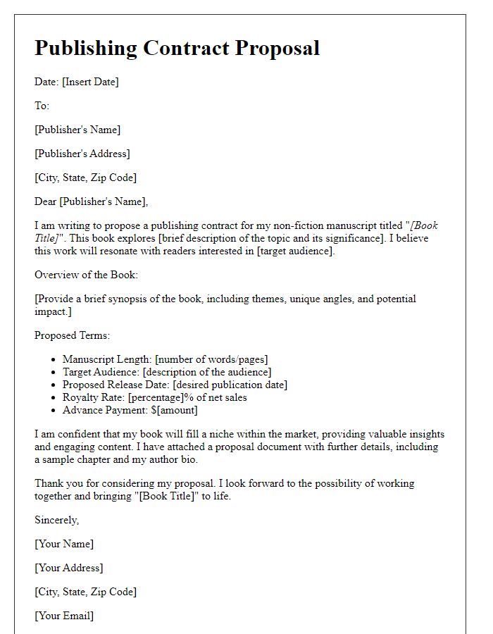 Letter template of publishing contract proposal for a non-fiction book.