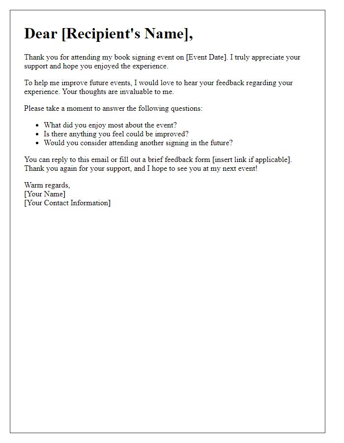 Letter template of feedback request after a book signing event