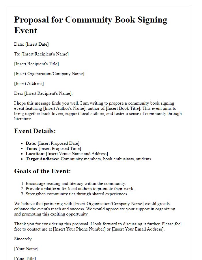 Letter template of proposal for a community book signing event