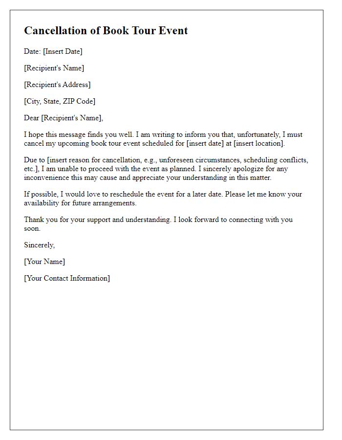 Letter template of cancellation for a book tour event