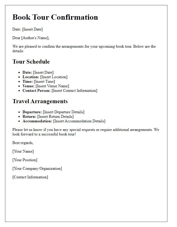 Letter template of confirmation for book tour arrangements